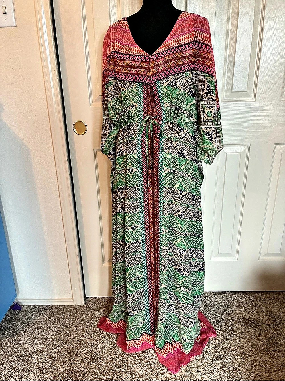 Vanessa Virginia Boho Geometric Maxi Dress in Green & Pink